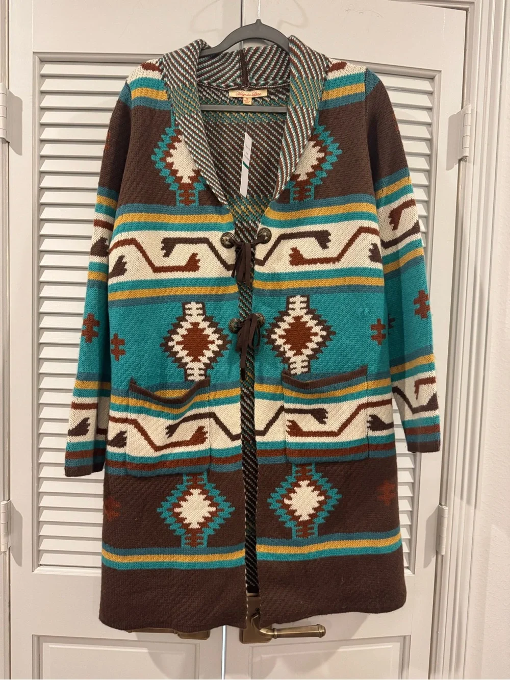 Turquoise & Brown Aztec Shawl-Collar Cardigan Sweater